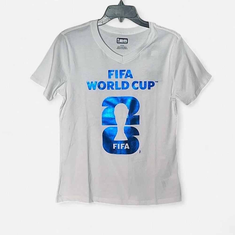 World Cup FIFA White Blue V-Neck Official Clean Graphic T-Shirt NWT – Size M